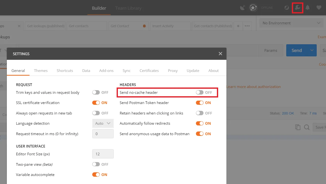 Postman Cache Settings