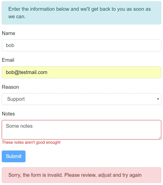 Submitted Contact Us Form Error