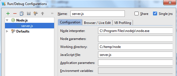 debugging node in WebStorm